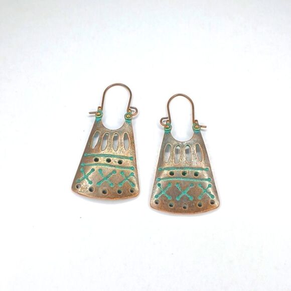 BRONZE copper turquoise tribal earrings - Picture 2 of 3